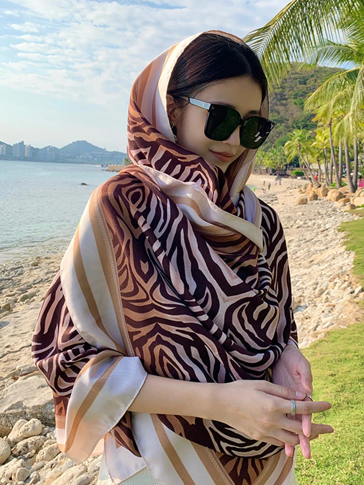 New Summer Women Silk Scarf Beach Wrap Shawl Zebra Stripes Print Sunscreen Bandana Hijab Mujer Bohemian Musulman Scarve Pareo