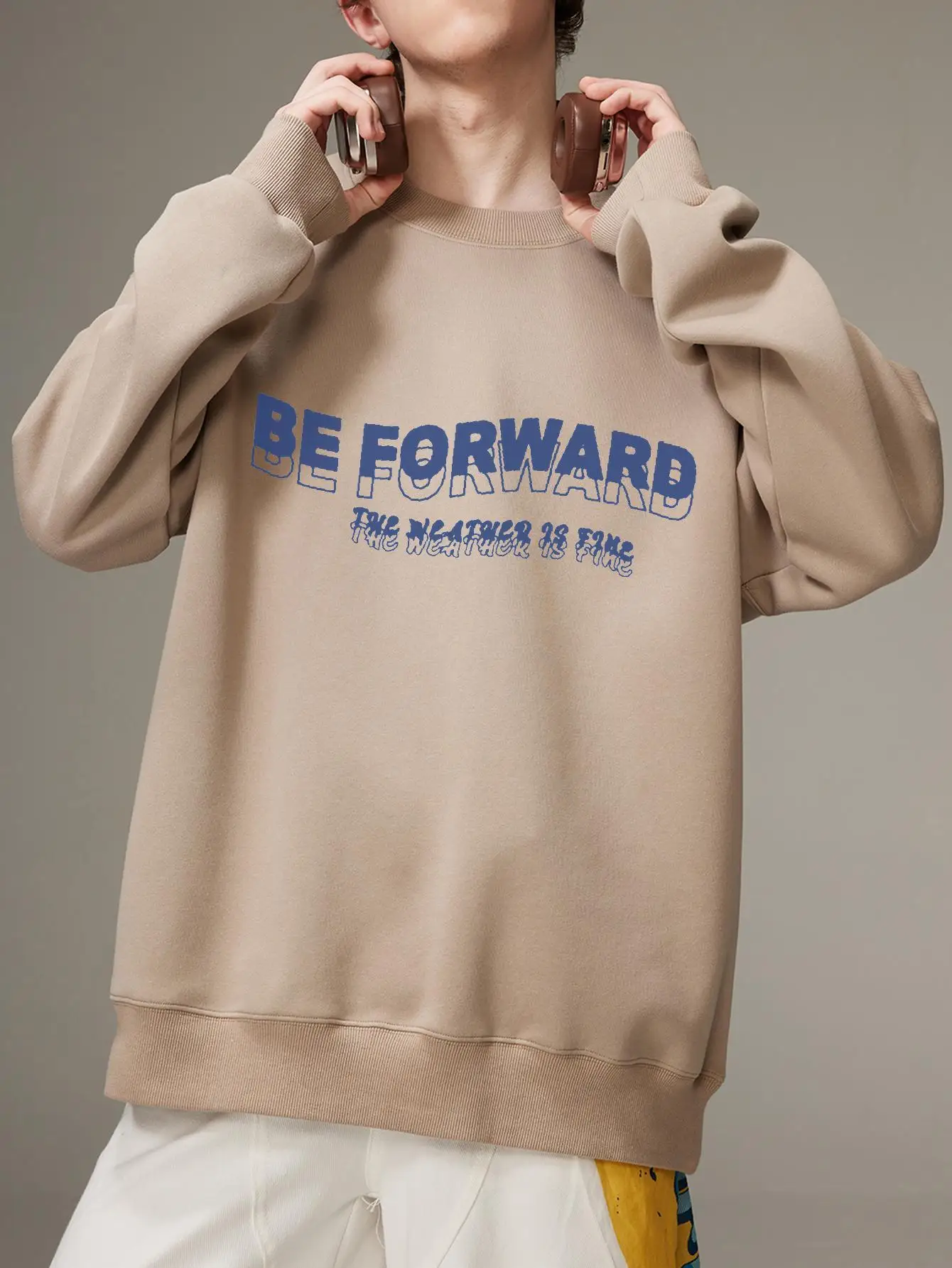 Be Forward Print Men Pullover Harajuku Korean Style Sweatshirt Drop Shoulder Round Neck Loose Casual Top Autumn New Male