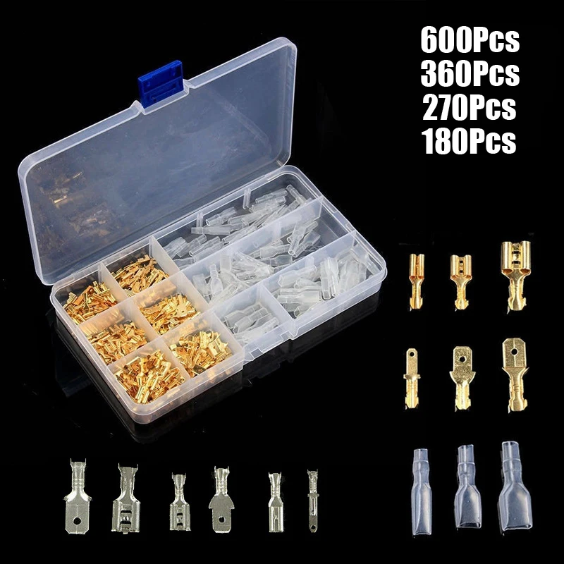 600/360/270/180Pcs Crimp Terminals Gold Silvery Male Female Electrical Wire Connectors Plug Insulating Sleeve Assortment Kit