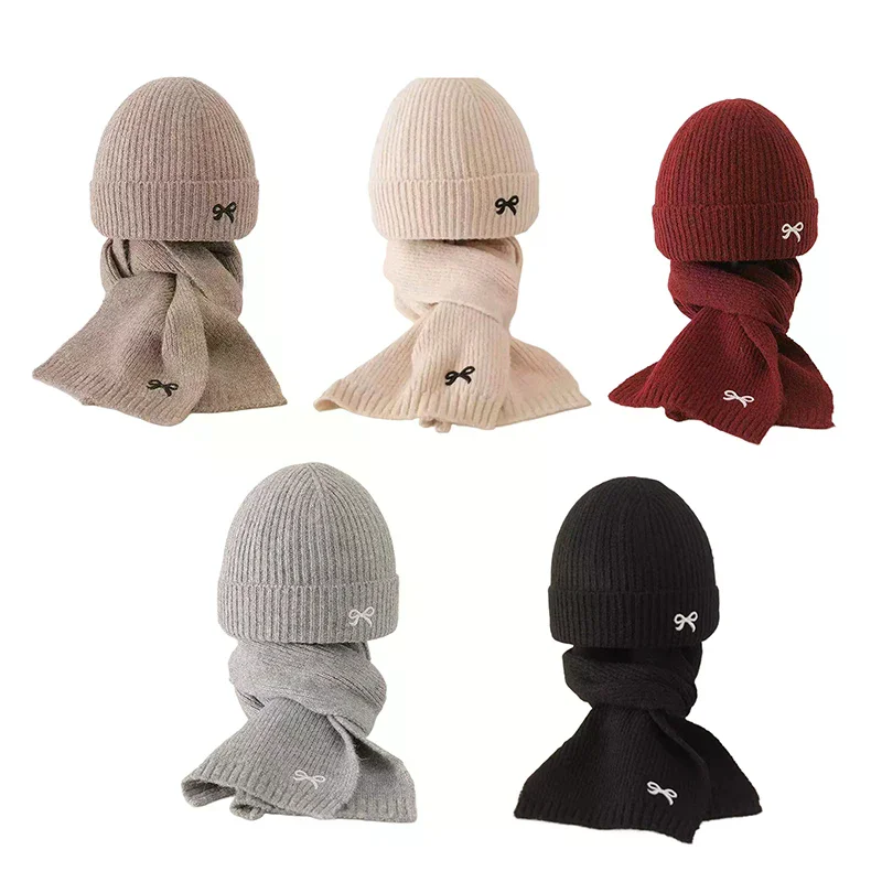 Ensemble de chapeaux et écharpes coréens pour enfants de 1 à 8 ans, 2 pièces, élégant, avec nœud papillon, pour garçons et filles, coupe-vent, bonnet en laine tricoté, hiver