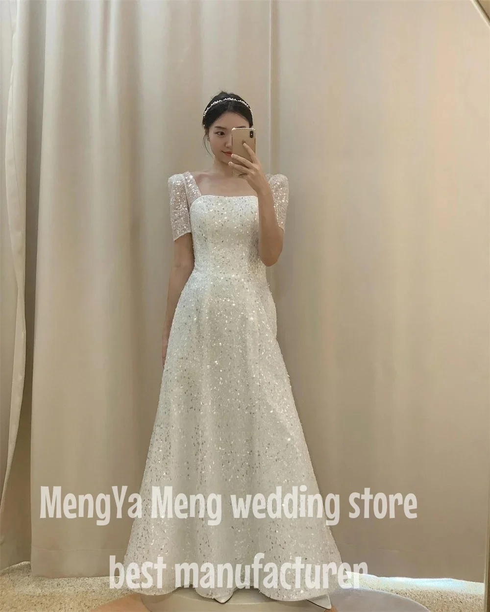 ZHUISHU Square Neck Sparkly Wedding Dresses Short Sleeve Korea Photos Shoot Bride Dress A Line Corset Backless Shiny Bridal Gown
