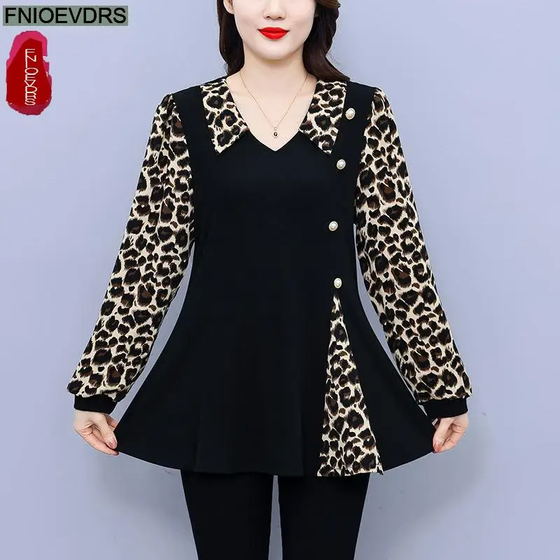 L-5XL 2024 Women European Style Office Lady Long Shirt Patchwork Leopard Print Dot Ruffle Belly Black Tunic Peplum Top Blouses