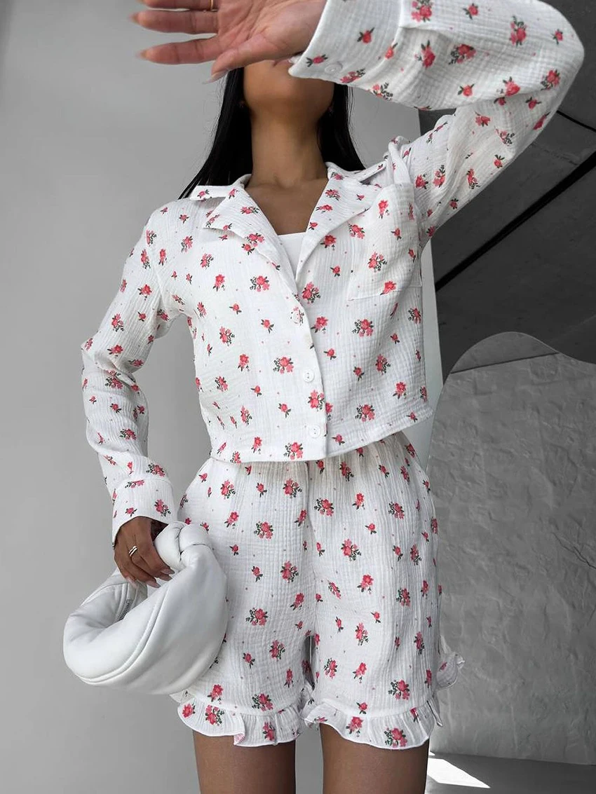 

Marthaqiqi хлопковый женский комплект ночного белья с отложным воротником, пижама с длинными рукавами, укороченный топ, ночная рубашка, шорты, свободный костюм для сна