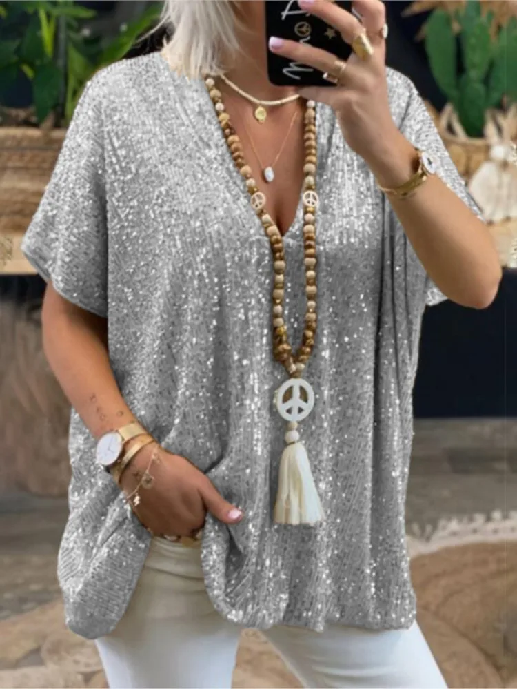 

Urban Style Comfortable Casual Loose Top Women's Simple Solid Color Commuting Fashion Sequin V-neck Versatile T-shirt Top