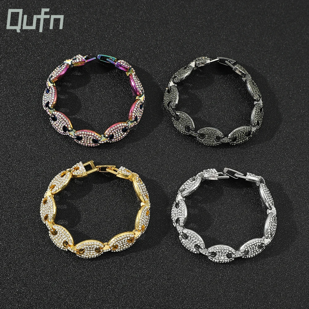 18MM Coffee Bean Link Rhinestone Bracelets for Men Hip Hop Fashion Punk Chain Bling Bling Charms Cuban link Chain Pulseras