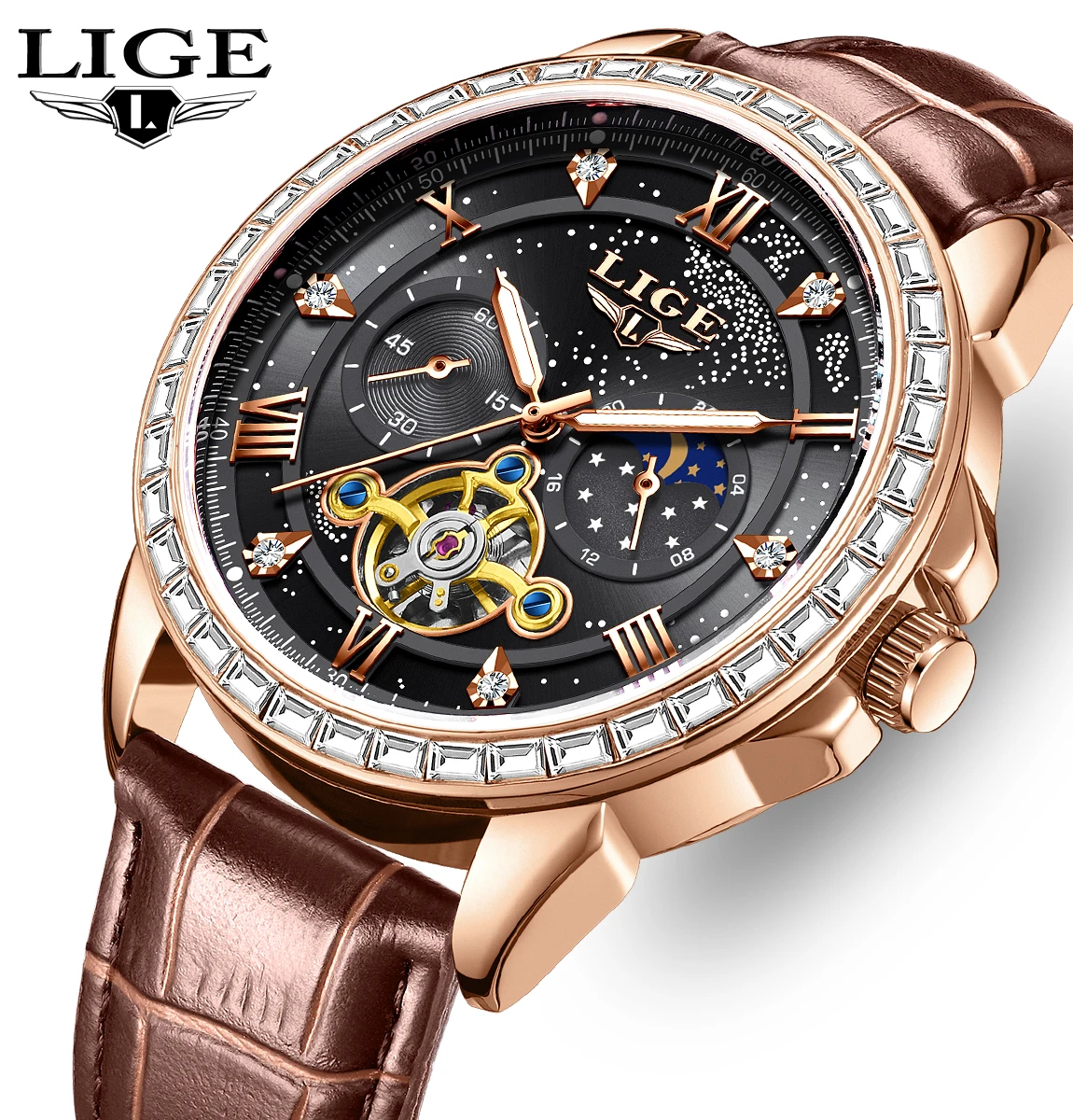 

LIGE fashion Top brand luxury watches mens mechanical clock leather Men's watches waterproof luminous business mens wristwatch