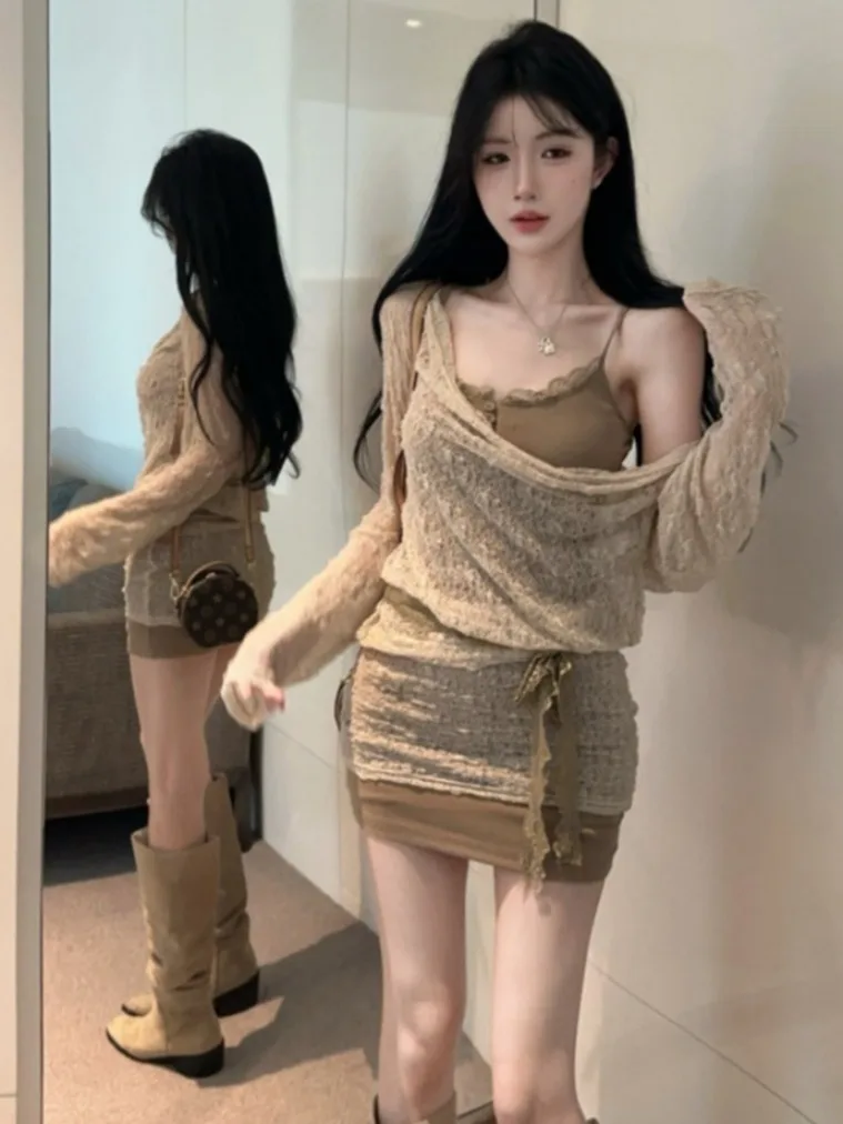 

Pure Desire Sexy Knitted Wrap Dr Women's Autumn Faion Spicy Girl Two-Piece Set Bodycon Dr Long Sve ort Skirt