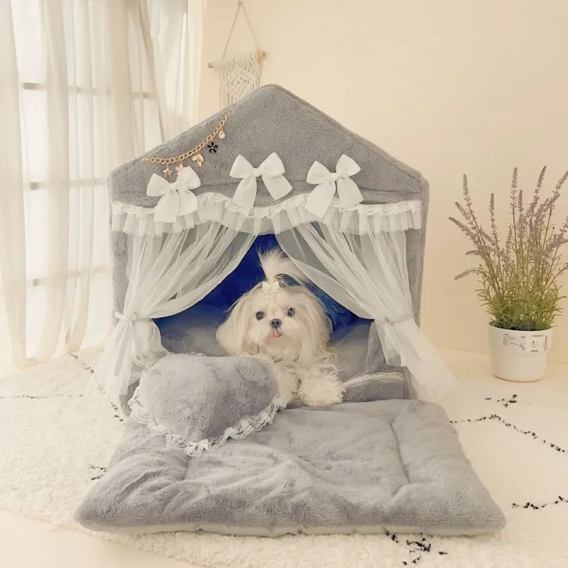 Pet Luxury Princess House Fluffy Winter Warm Dog Cat Puppy Kitten Items Bed Sofa Kennel Nest Removable Pink