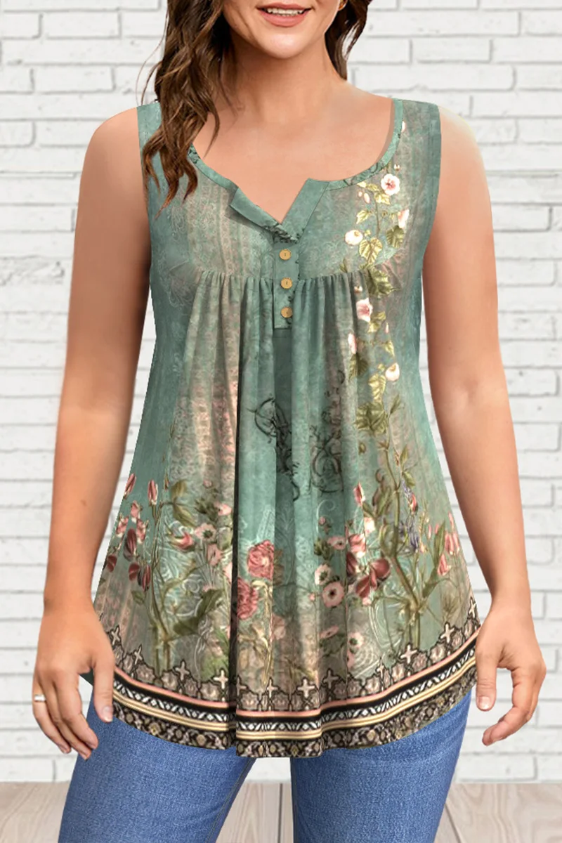 Flycurvy Plus Size Casual Green Retro Boho Floral Print pleated Tunic Tank Top