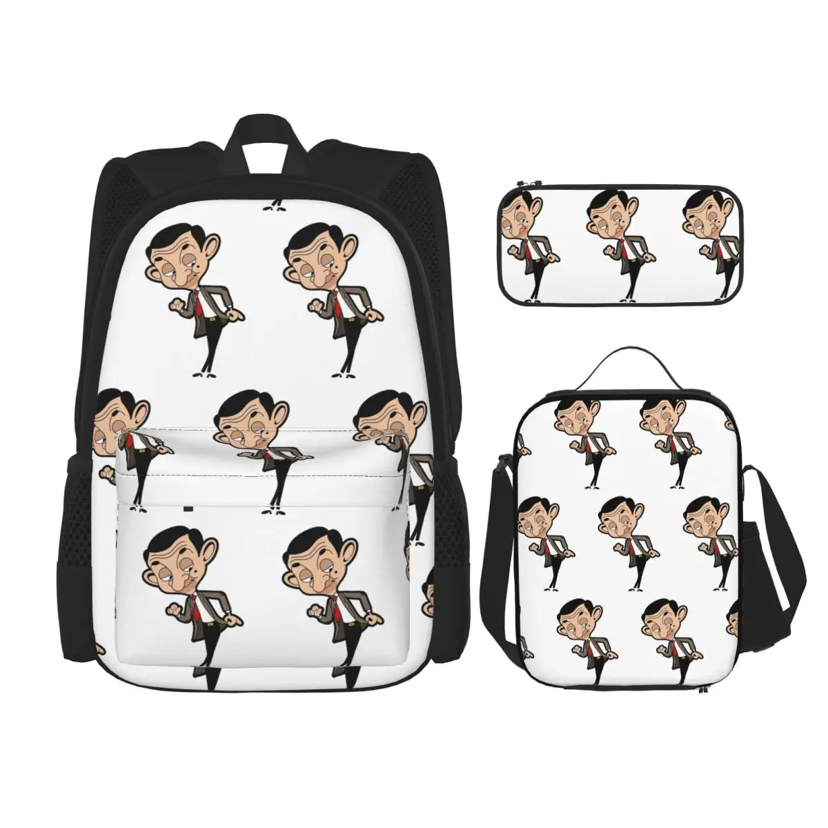 

Mr Bean Backpacks Boys Girls Bookbag School Bags Rucksack Lunch Bag Pen Bag Three-Piece Set
