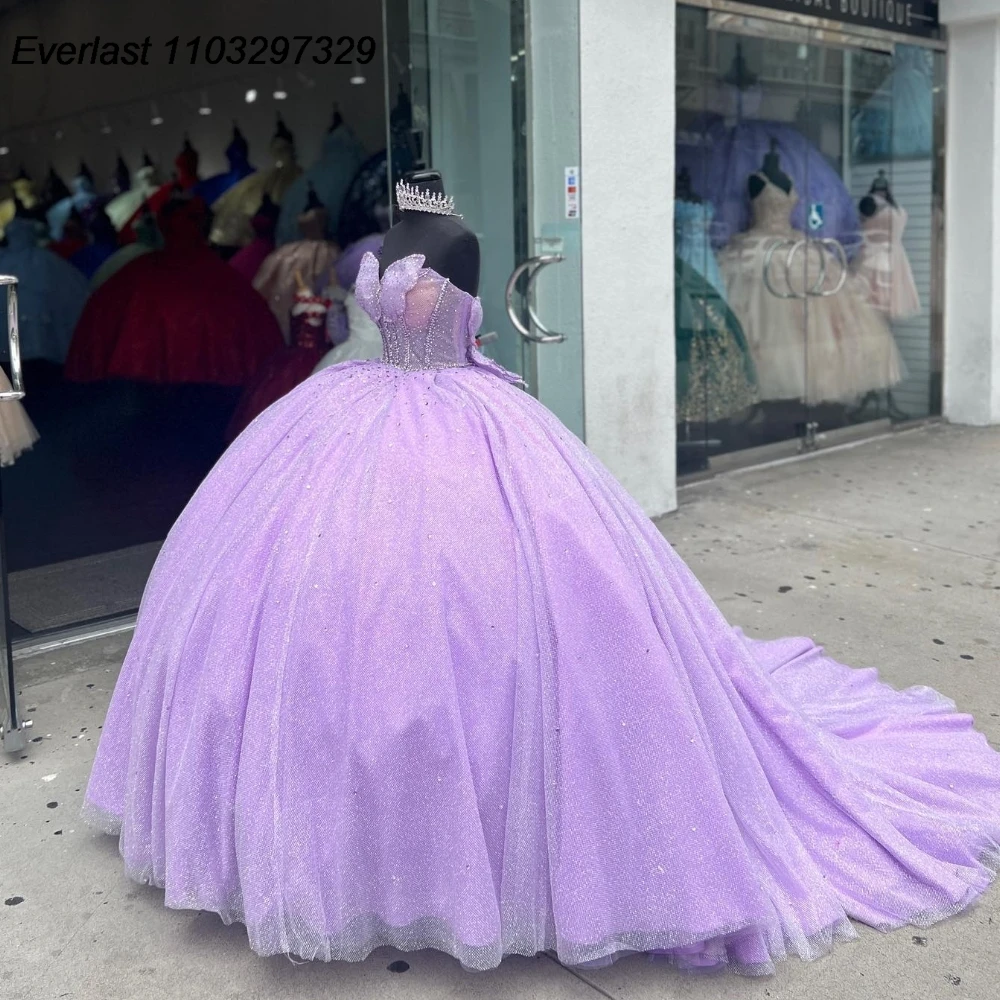 EVLAST Personalizado Lavanda Lilás Quinceanera Vestido de Baile Lantejoulas Applique Beading Arco Doce 16 Vestido De 15 Anos QD1069