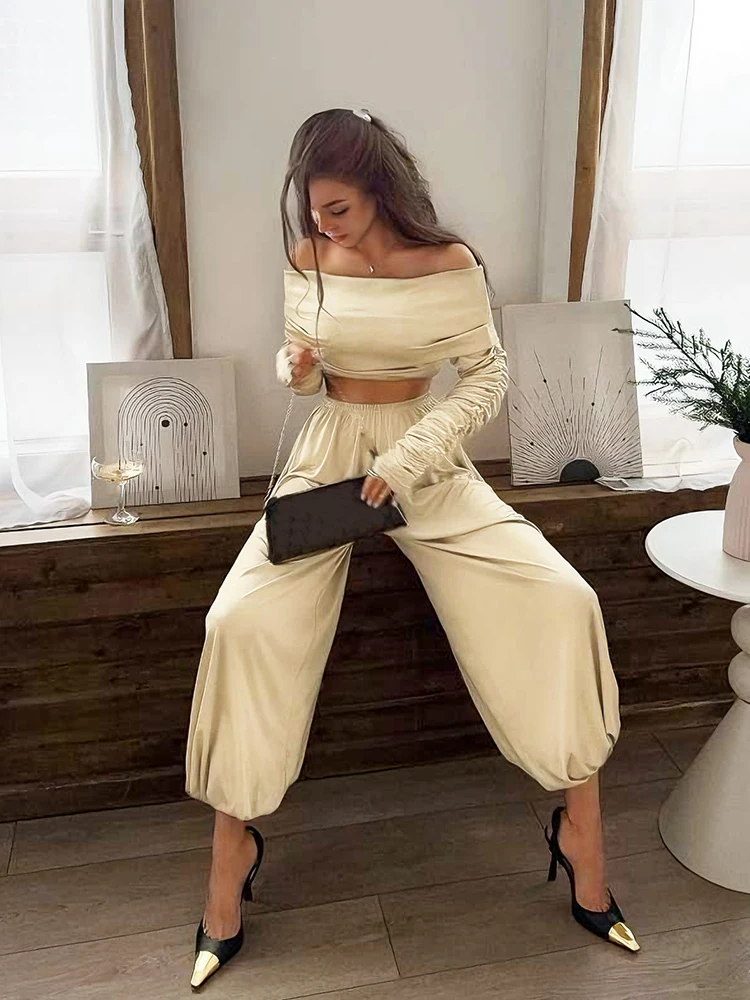 

Nibber модный комплект из 2 предметов, женский укороченный топ с разрезом на шее и длинными рукавами + брюки с эластичной резинкой на талии, повседневные однотонные элегантные костюмы для поездок на работу