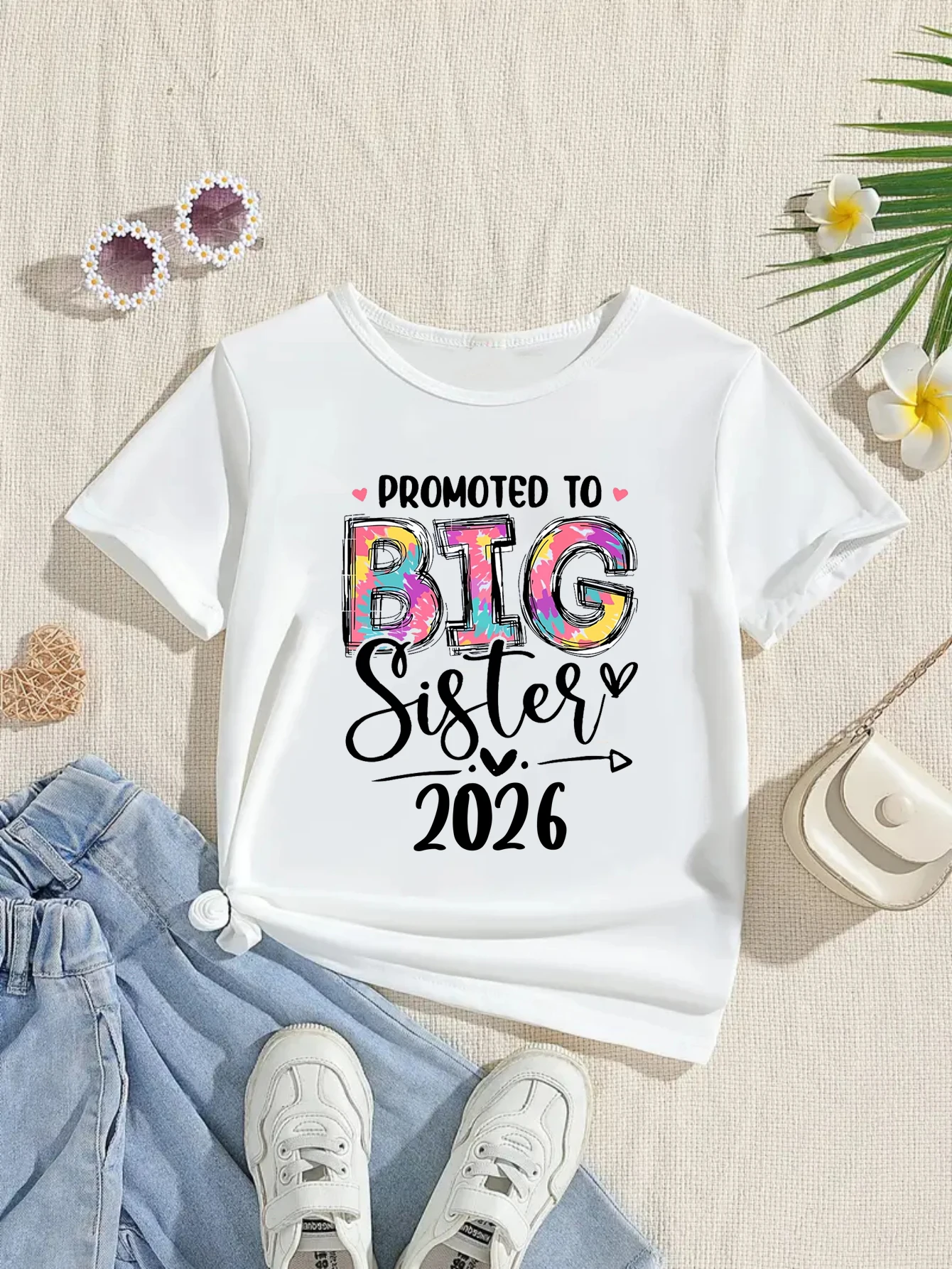 Pink Hearts Promoted To Big Sister 2026 Printed T Shirt Girl Pregnancy Announcement Shirt Kawaii Kids Clothes Short Sleeve Shirt