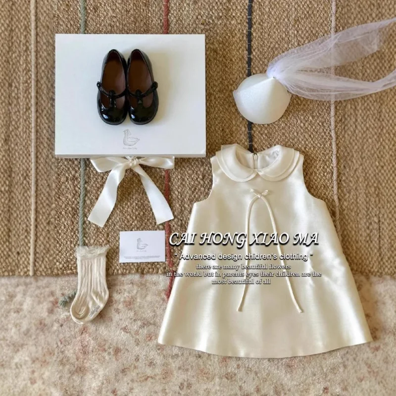 Girls' Dress High-End Summer Fashionable Children's Satin Doll Collar Vest Dress for One-Year-Old Baby Girlins