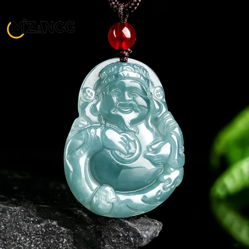 

Natural A-goods Jadeite Blue Water God of Fortune Pendant Exquisite Fashion Ice Jade Necklace Men and Women Mascots Holiday Gift