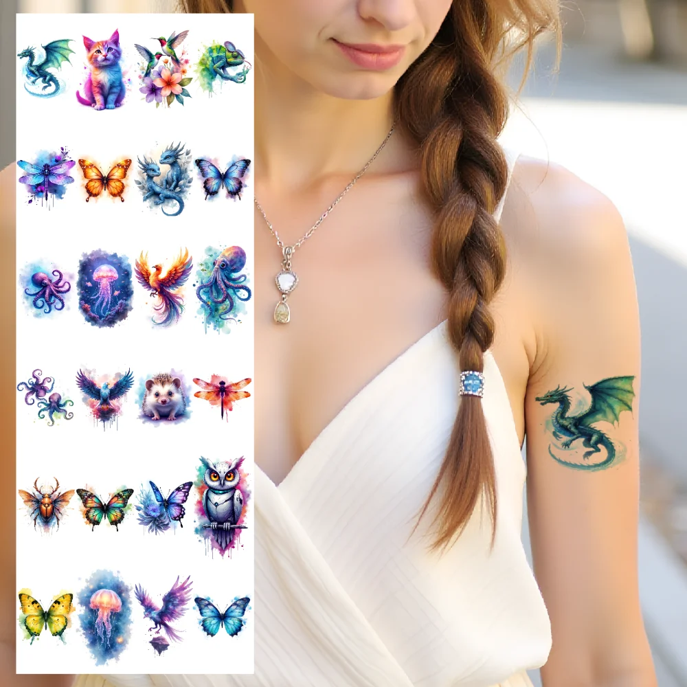 

28 шт., временные татуировки с пантерой, водонепроницаемые долговечные наклейки на тело, лиса, стрекоза, акварель, хамелеон для груди, щек