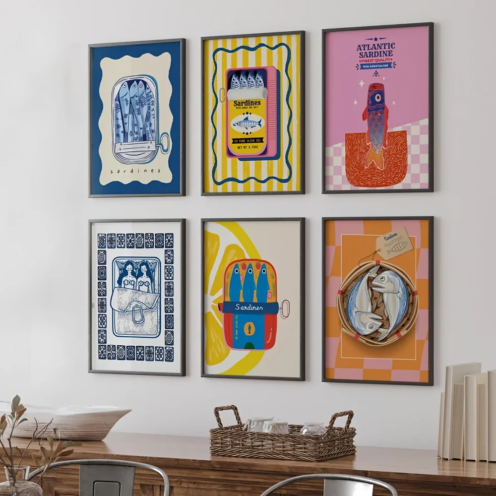 Retro Sardinenfisch Küche Leinwanddruck Sardine Meerjungfrau Essen Wandkunst Poster für moderne Wohnzimmer Küche Bar Home Decor Geschenke