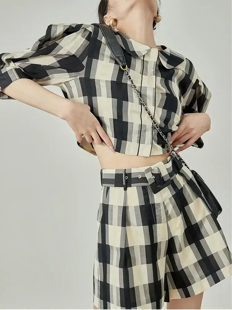 

Модный черно-белый клетчатый жаккардовый шифоновый креп, мягкая полупрозрачная юбка и комплект рубашки, женский элегантный комплект из двух предметов