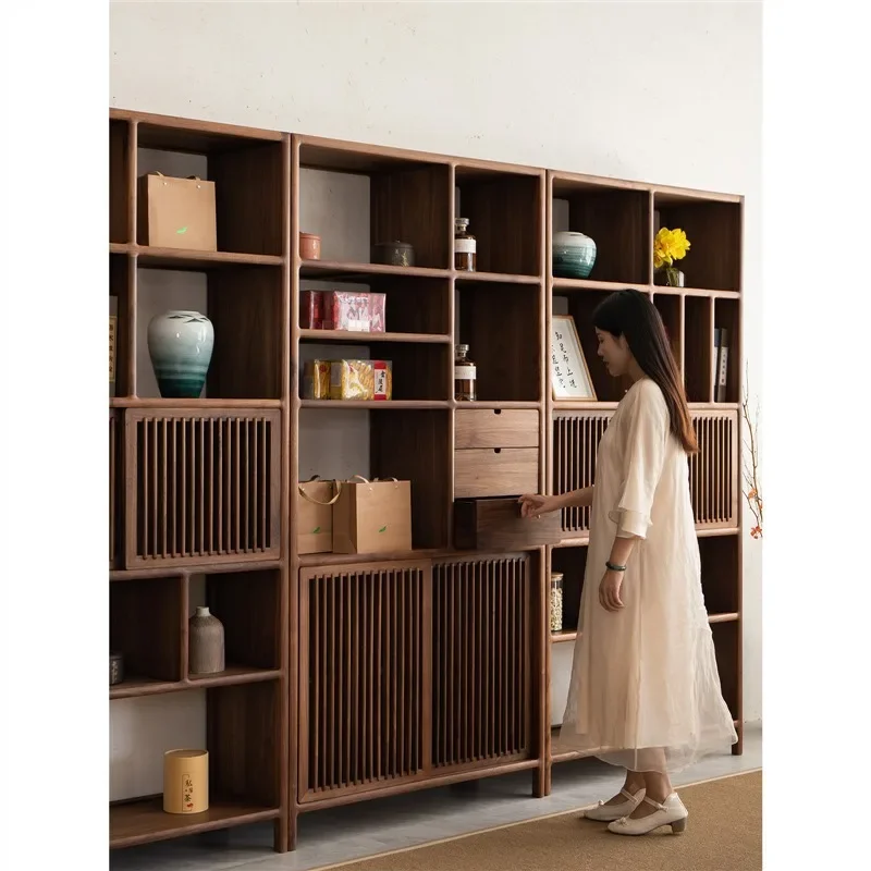 New Chinese-style all-solid wood bookcase, black walnut Bogu shelf, display case, storage.