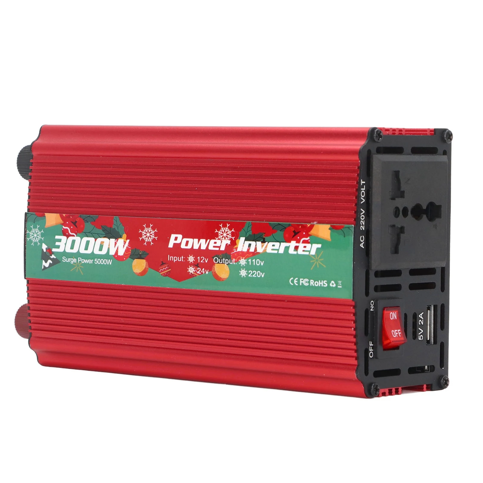 

3000W 24V to 220V Solar Power Inverter - Intelligent Aluminum Alloy DC/AC Converter, 50Hz, Red (Christmas Pattern)