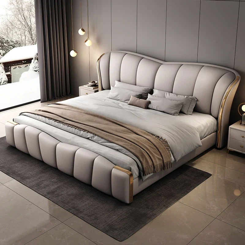 Leather Double Bed Luxury Bedroom Soft Package Wedding Bed With Lamp 150x200 Master Bedroom Cama Lit 2 Personnes Furniture