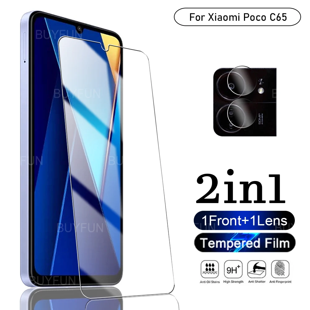 2TO1 Front Screen Protector + Camera Lens Protective Film For Xiaomi Poco C65 PocoC65 C 65 65C Transparent 2.5D Tempered Glass