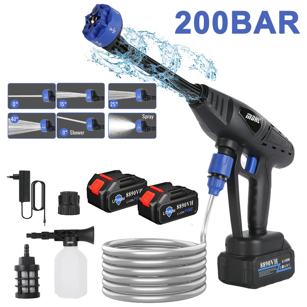 Pistolet à eau haute pression 6 en 1 pour voiture, 200 bars, forte puissance, batterie au Lithium domestique, Machine à laver Rechargeable, outils