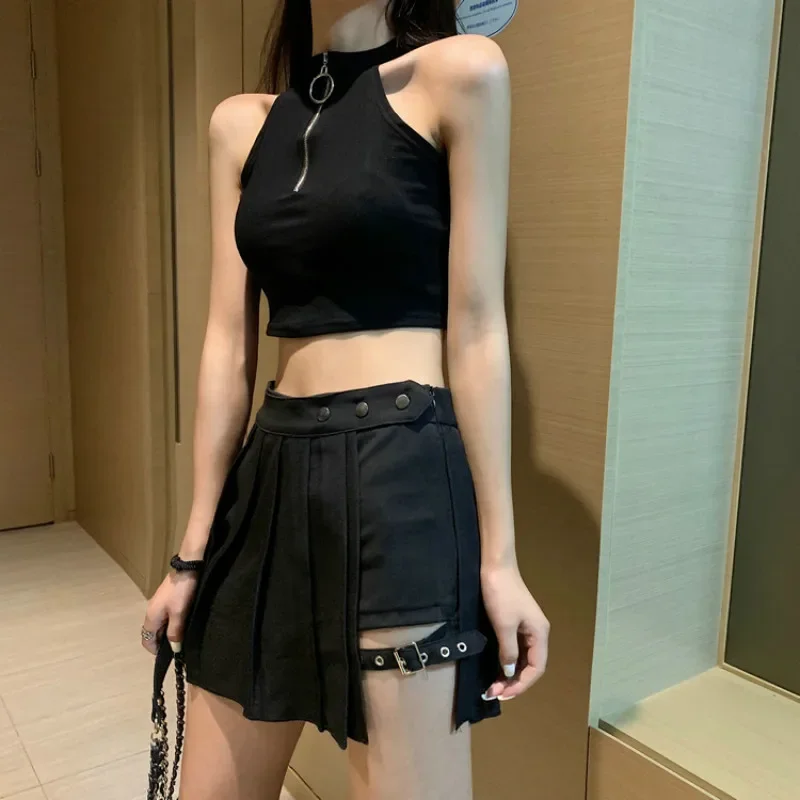 2023 Spring Summer Indie Street Beach Punk Cool Girl Sexy Mini Skirts Women Gothic High Waist Patchwork Plaid Skirt with Chain