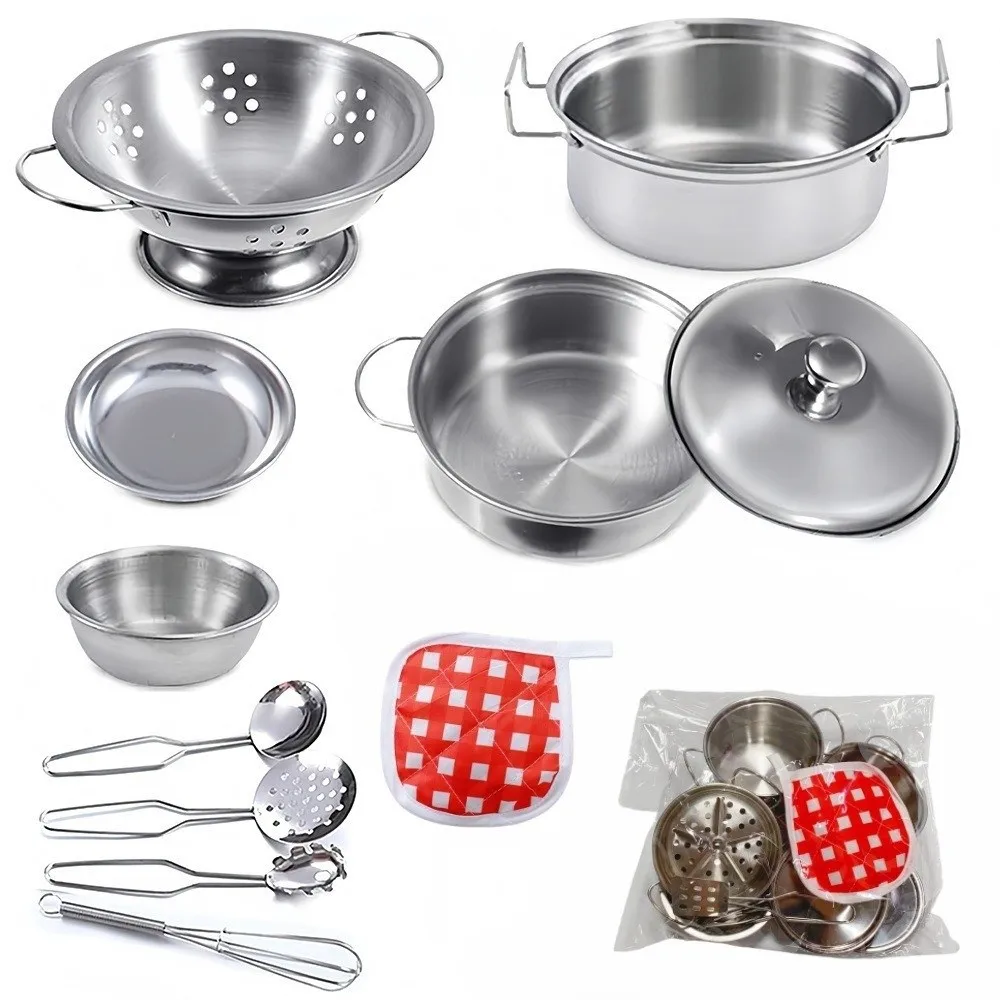 Stainless Steel Pretend Play Kitchen Set Pot Shovel with Lid Stainless Steel Cookware Mini Interactive Children Kitchen Toys
