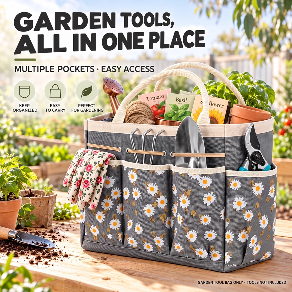 Garden Tool Tote Bag 600D Oxford Cloth Multi Pocket Organiser for Pruners Trowels Gloves Seeds and Backyard Patio Gardening