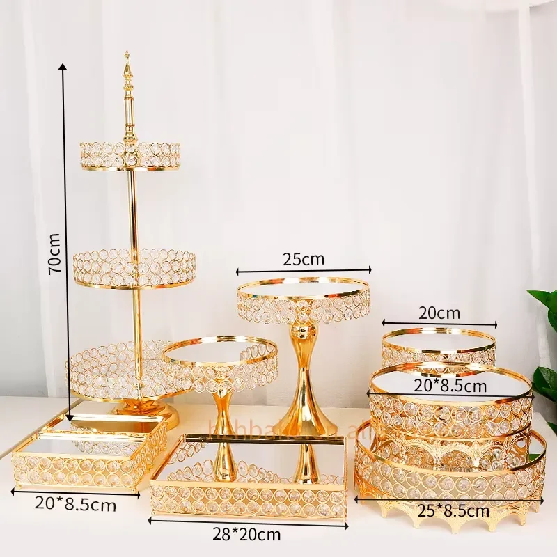 9 Pieces Crystal Gold Wedding Cake Stand Set Metal Cake Display Stand with Mirror Top Plate Crystal Decor Dessert Stand