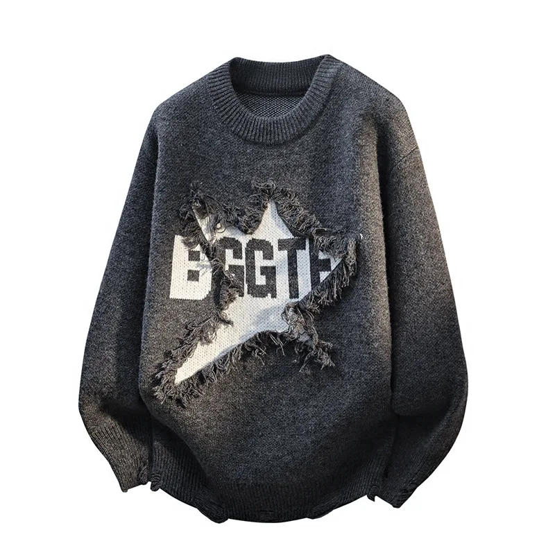 New Fashion Men Ripped Pullover Sweaters Outwear Loose Casual Knitted Sweaters Quality Male O-neck Pullovers Sweatercoats Size 4