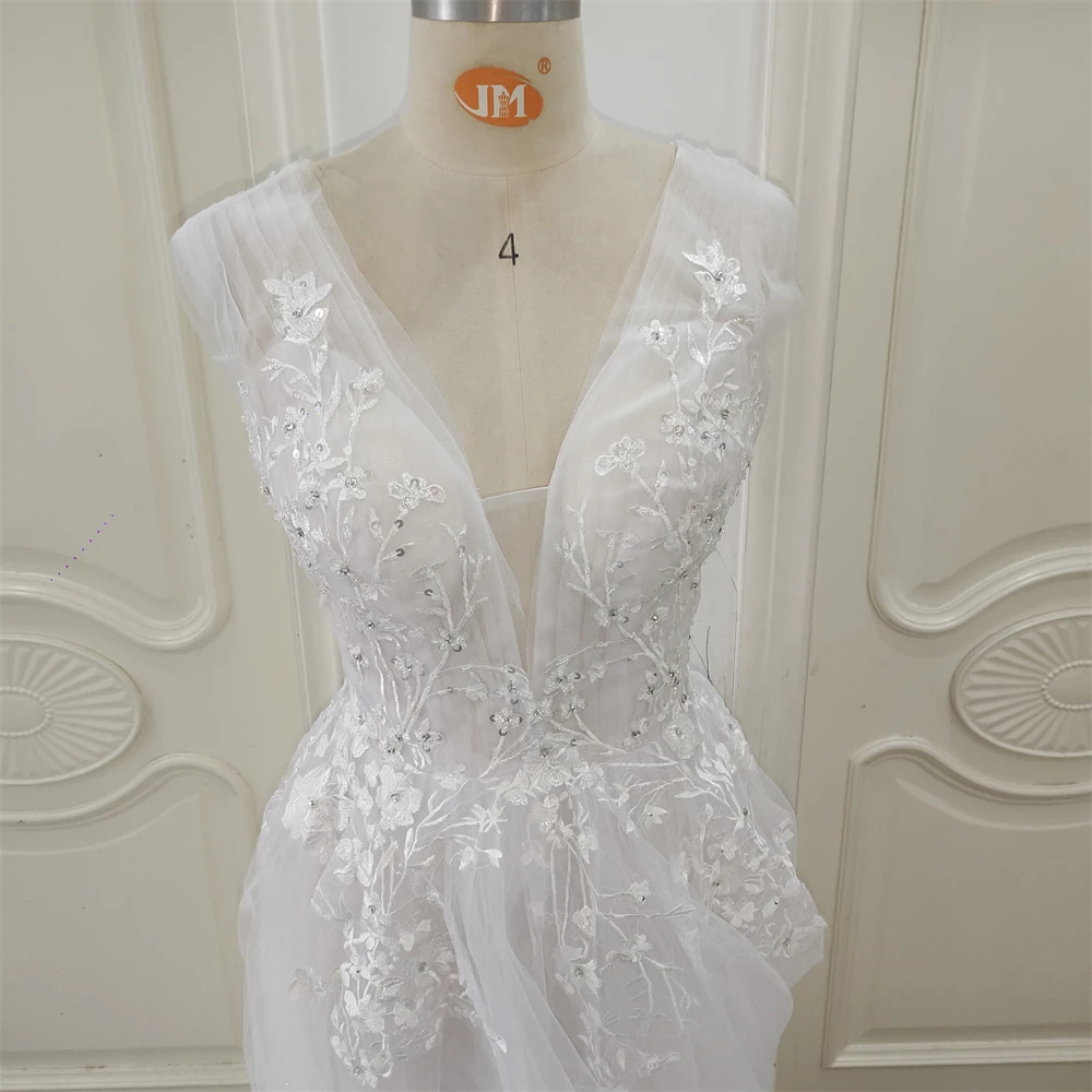 ZJ6005 Vestido de novia sin mangas con cuello en V hecho por el cliente 2024, apliques de encaje, vestido de novia sin espalda 2024