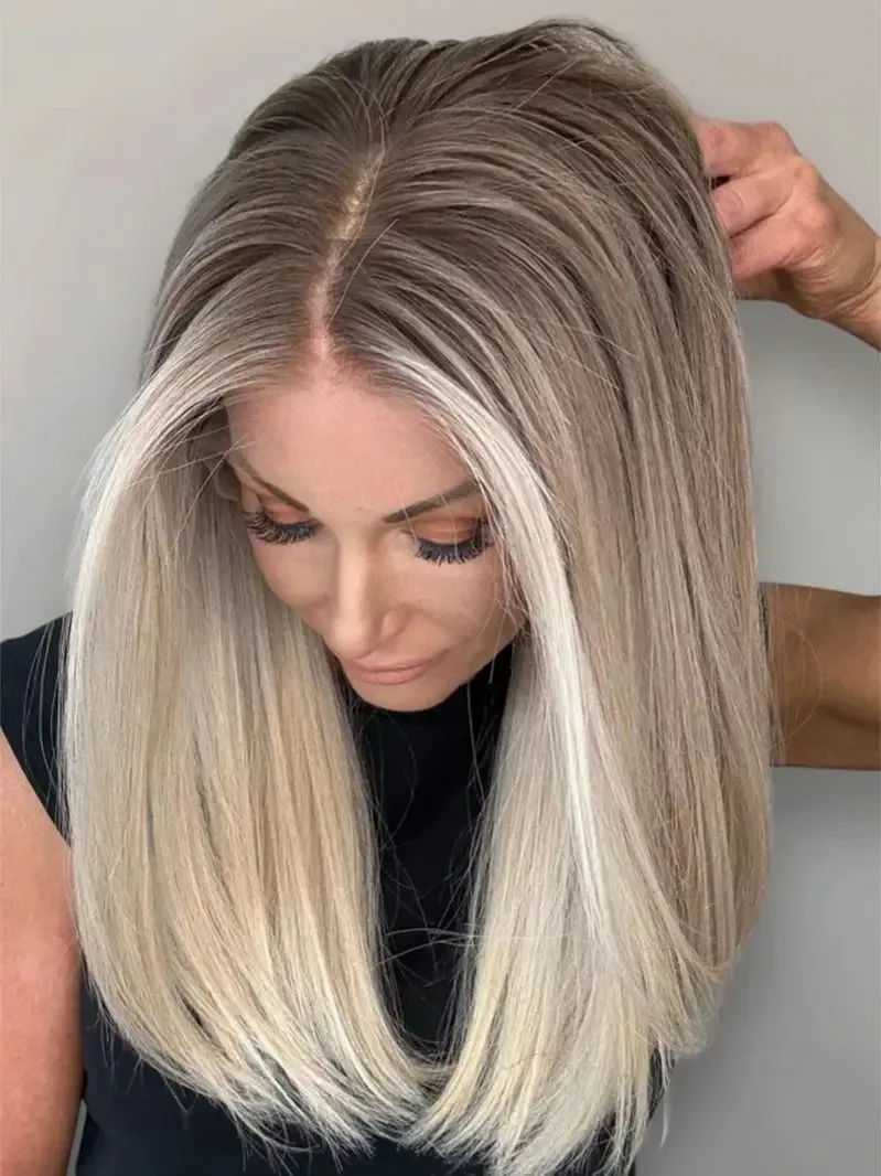 

Wig Female Ombre Platinum Blonde with Brown Roots Straight Short Bob Wigs 13x4 HD Synthetic Fibre Free Part HD Lace Daily Party