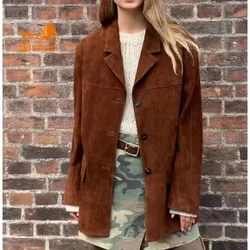 New Winter 100% Sheepskin Coat for Women, Suede Lambskin Lapel Retro Brown Suit Leather Loose Silhouette Casual Top Jacket Women