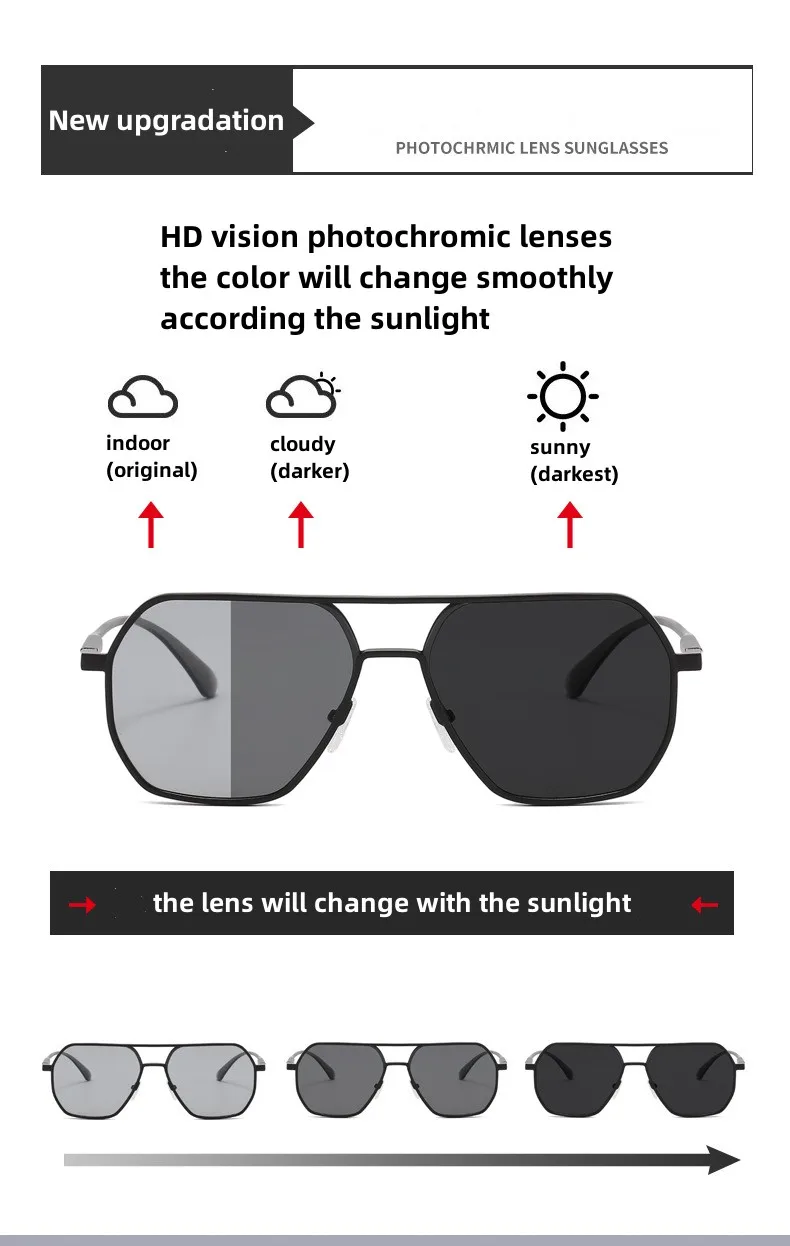 KAMMPT Übergroße Vintage Sonnenbrille Männer Frauen Mode Polarisierte Photochrome Shades Brillen Doppel Brücke Fahren Sonnenbrille – Detail 7