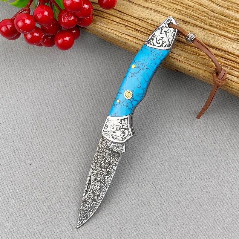 VG10 Damascus Steel Folding Knife, Turquoise Handle with Exquisitely Embossed Pommel, Portable for Camping and Fruit Cutting
