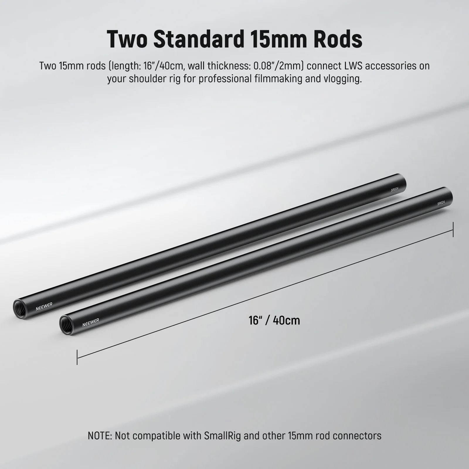 NEEWER 2pcs 10/20/30/40 Rod Aluminum Alloy Extendable 15mm Extension Rods for 15mm LWS Rod Rail System Shoulder Rig Baseplate