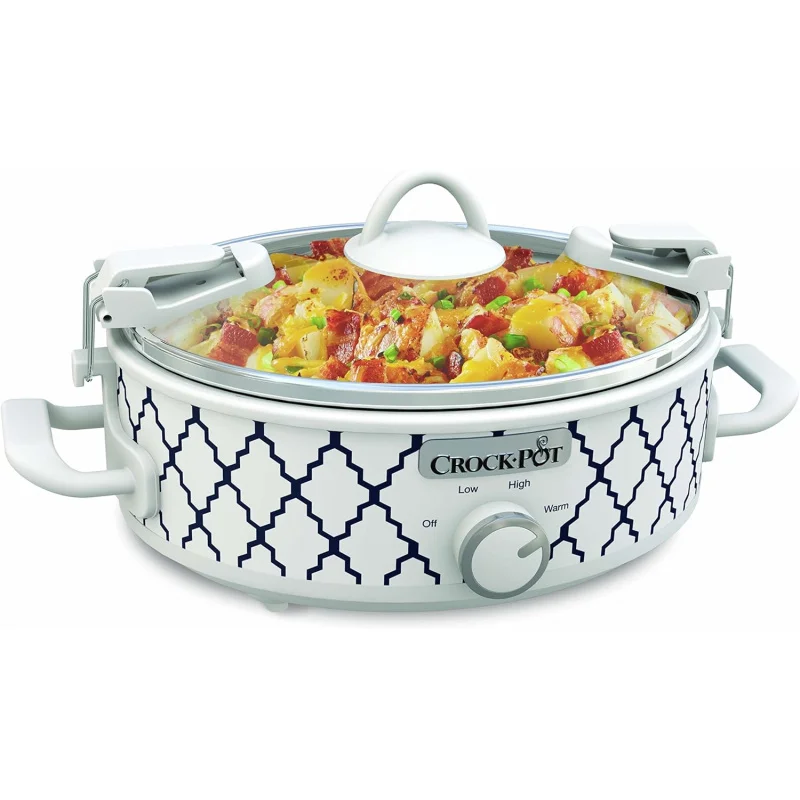 Small 2.5 Quart Casserole Slow Cooker in White/Blue, Enjoy Eye-Catching Quick Meals, Durable and Compact