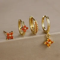 4pcs Fashion Cubic Zirconia Flower Hoop Earrings Set 18K Gold Plated Stainless Steel Stud Earring Piercing Jewelry aretes mujer - Image 5