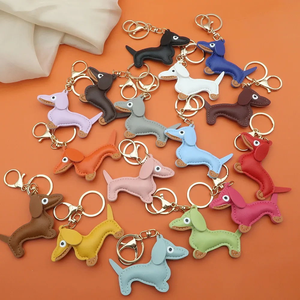 16 Colors Classic Leather Puppy Dog Keychain Pendant Lovely Dachshund Bag Charm Pendant Trinket Metel Key Ring Accessories