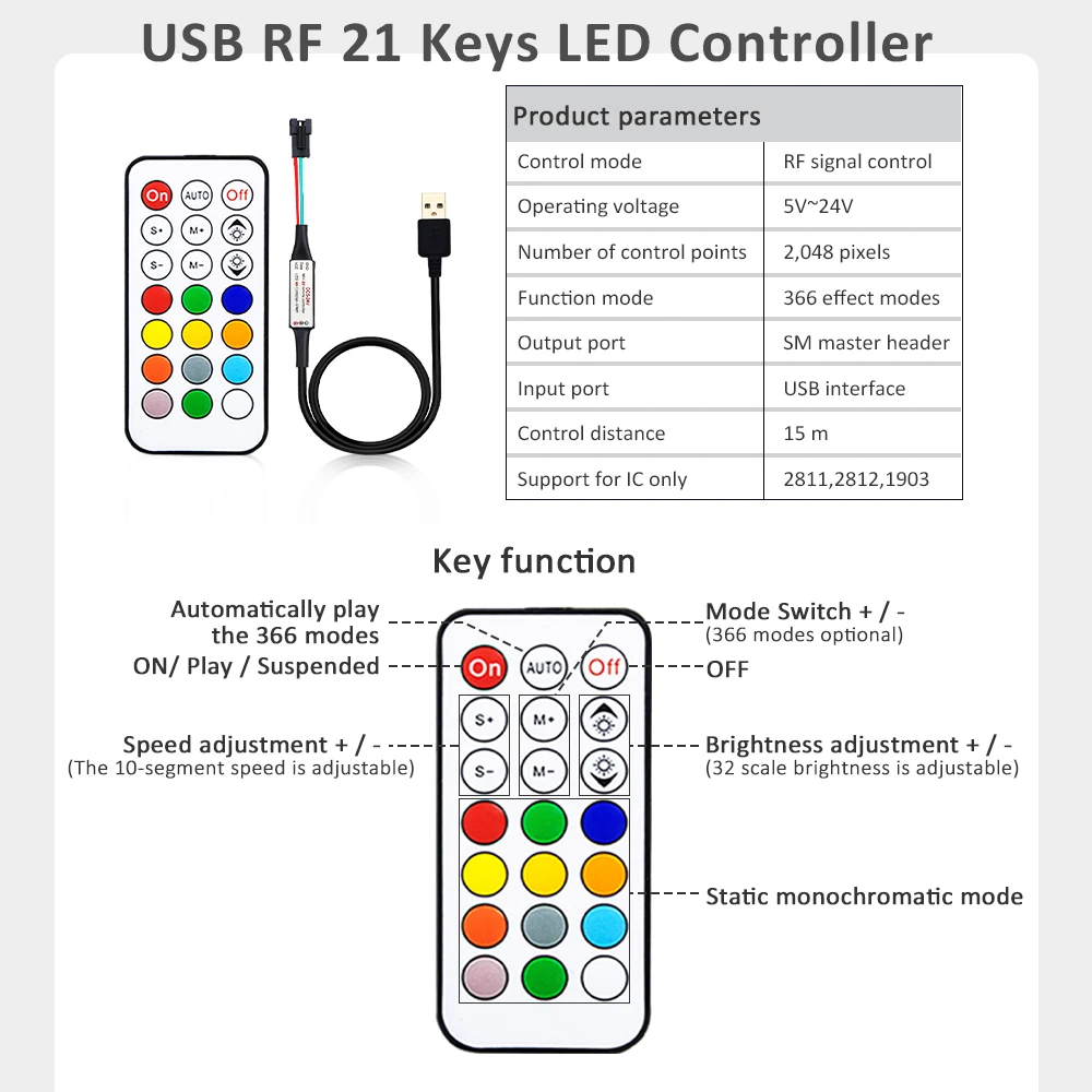 WS2812B USB RGB IC LED Strip Lamp Waterproof LED Chip 5V DC Ribbon Digital Colorful Tape 5050 SMD RF 21key Remote Controller Kit