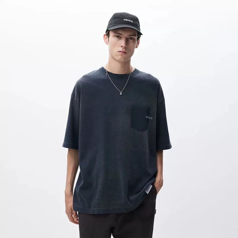 

NBHD Japanese Sle Heavyweight Waed round Ne ort Sve T-irt Vintage Distred ket ort Sve 25SS Cotton You...