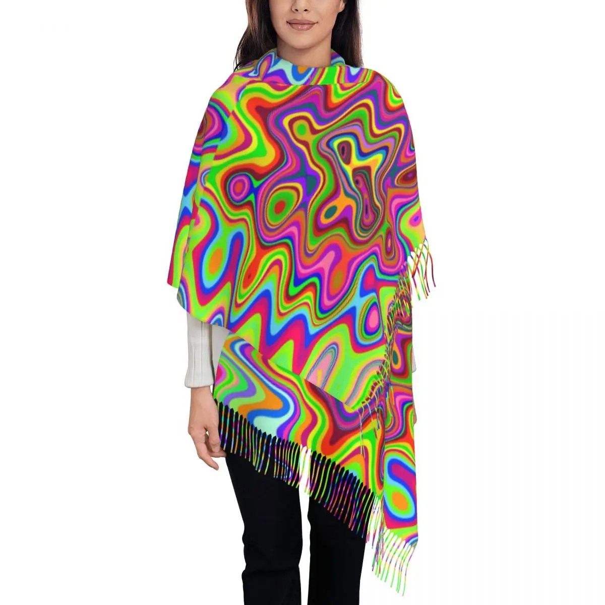 Female Scarf Warm Soft Psychedelic Pop Art Scarves with Long Tassel Liquid Swirl Print y2k Cool Shawls and Wraps Design Bufanda