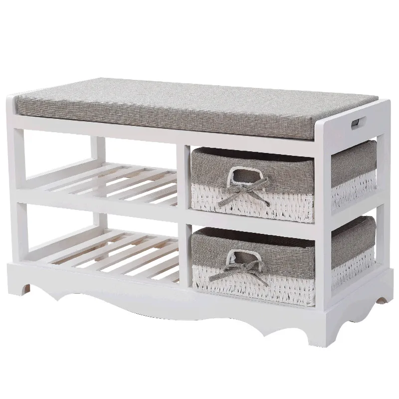 

2 Tier Wooden White Shoe Storage Shoe Cabinet Bench Shoes Rack With Padded Seat and 2 Storage Wicker Baskets