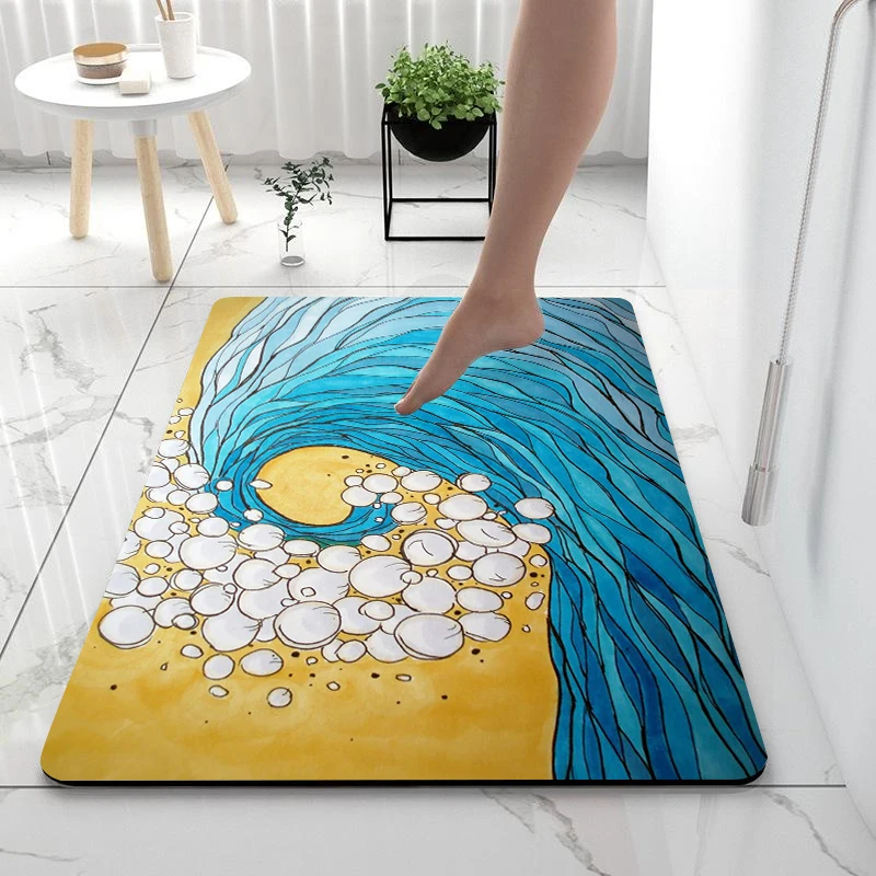 

Wave Printing Mat Rug For Bath And Kitch Super Absorbent Quick Dry Rubber Backed Dirt Resistant Bath Rugs Mats