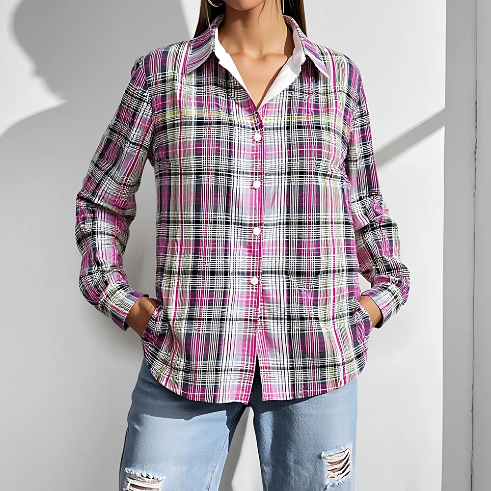 

Mia Muse Autumn Shirts 2025 Women's Casual Plaid Long Sleeve Shirt Collar Button Through Basics Shirts