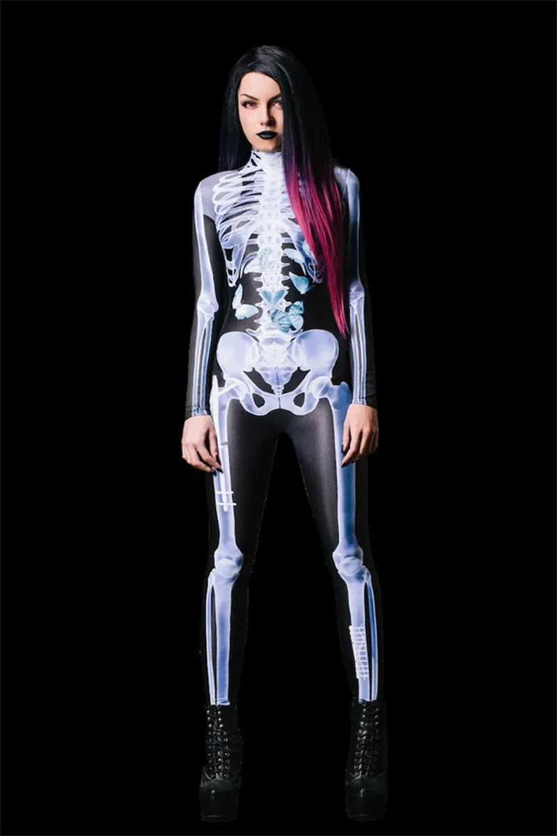 Vestido de festa de halloween mostrar novidade vestir-se corpo humano ver através de esqueleto 3d macacão menina zentai