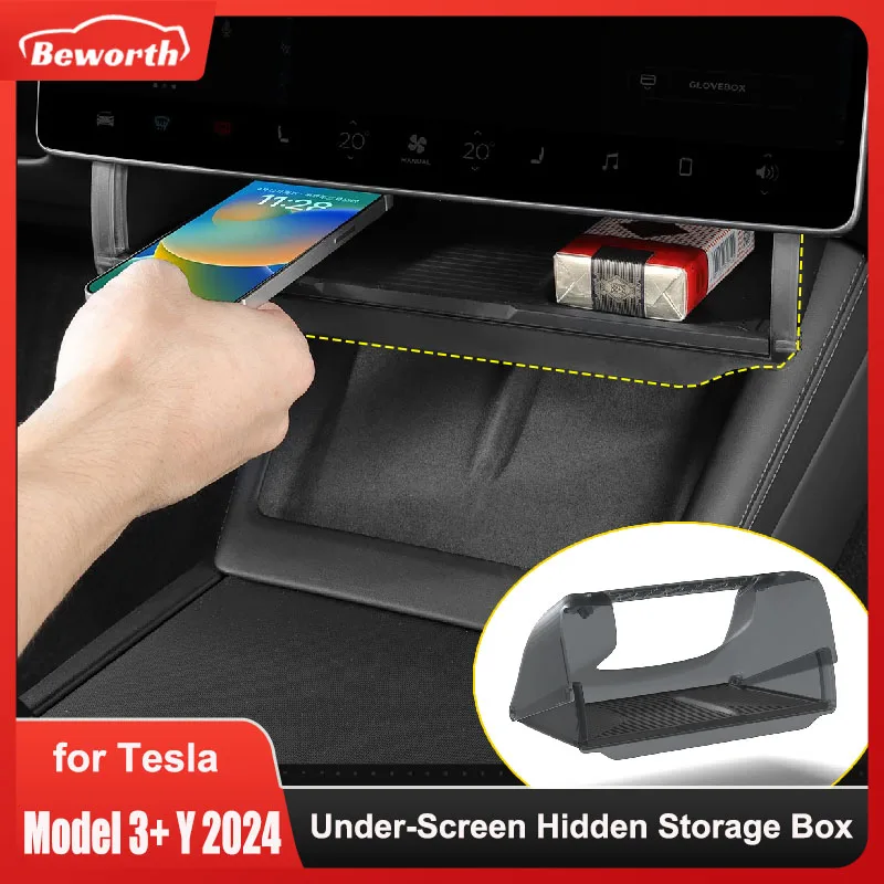 For New Tesla Model 3 Highland Model Y 2024 LHD Under-Screen Hidden Storage Box Behind Screen Center Console Organizer Case Tray