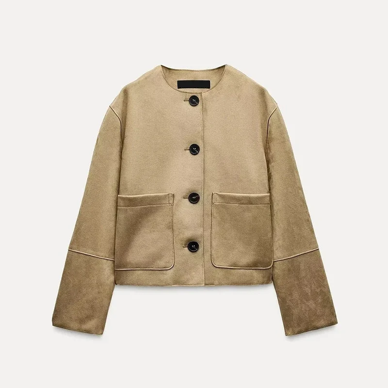 Retro Casual Faux Leather Long Sve round Ne Jaet Women's Spring 2025 Stand Fit Outerwear Soft Texture Coat